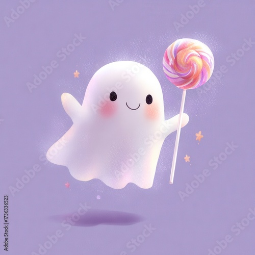 Cute Ghost Waving with Colorful Lollipop on Pastel Background