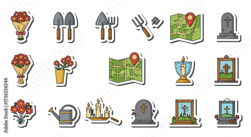 cemetery decoration stickers flowers maps and candles for remembrance ideal for memorial designs creating touching tributes to lost loved ones.