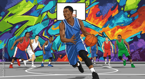 Basketball game illustration of players dribbling and playing on court with graffiti background art design