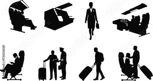 Air travel vector silhouettes showing passengers, pilots, flight attendants, airplane cockpit, boarding bridge, luggage, family travel, airport activities, journey, tourism.