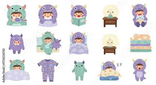 Child in monster pajama bedtime routine with brushing reading sleeping in monster hooded pajamas perfect for childrens book illustration.