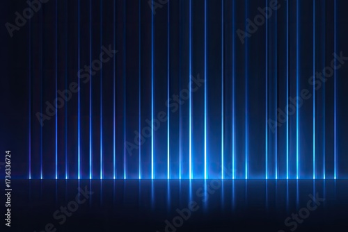 Abstract blue neon lights reflecting on a dark surface. Vertical lines glowing