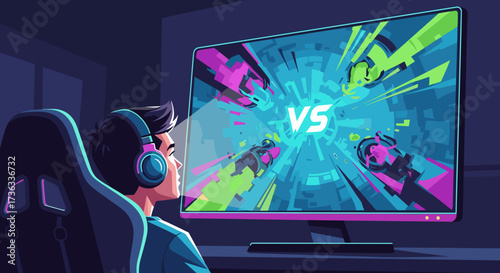 Man playing video game online on computer screen with headphones and gaming chair esports streaming setup