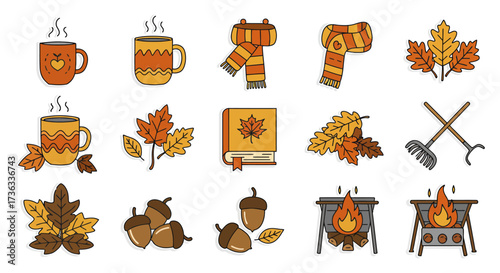 cozy autumn season illustrations mugs leaves scarves  fire pits evoking warmth and fall vibes perfect for seasonal greeting cards and blogs