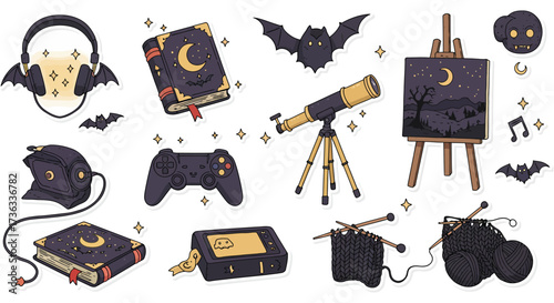 cozy night in hobbies headphones books telescope game console painting and knitting perfect for illustrating a relaxed leisure activities