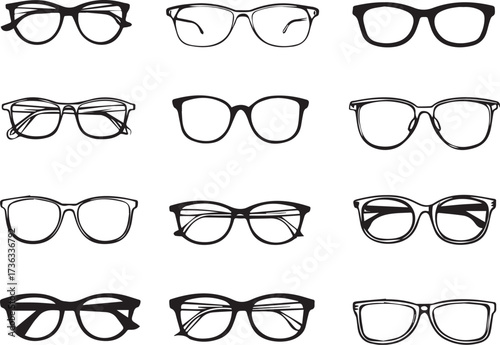 vector illustration of multiple eyeglass frames, simple shapes and lines, minimalist style, flat design, white background