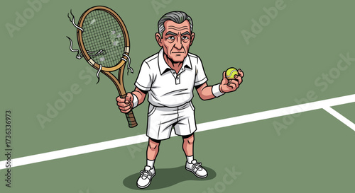 Cartoon tennis player with broken racket and tennis ball on court ready to serve in a tennis match game