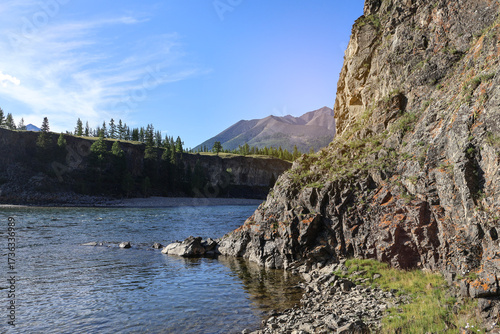 Scenic mountain river with rocky cliff and distant peaks under clear blue sky