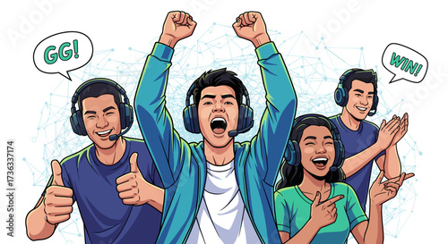 Celebrating esports victory a group of happy gamers winning online game tournament showing teamwork and excitement