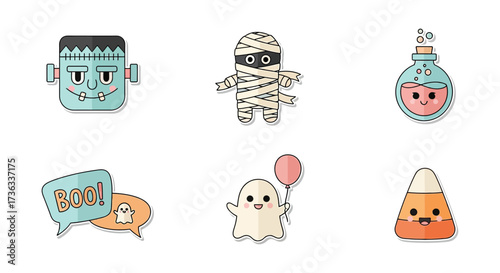 cute halloween stickers frankenstein mummy and ghost with potion for spooky october themes perfect for seasonal greetings  party invites.
