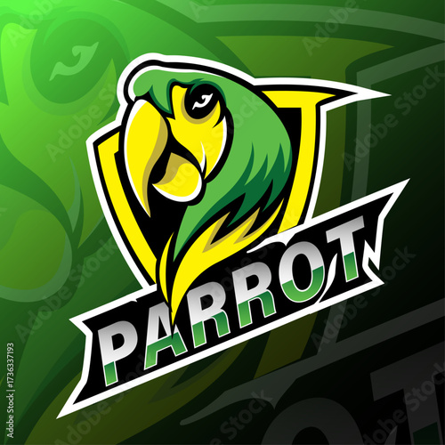 A stylized parrot logo set against a gradient green background. The parrot is the central focus, depicted with a vibrant color scheme. The head and upper body are green, with a bright yellow beak, and