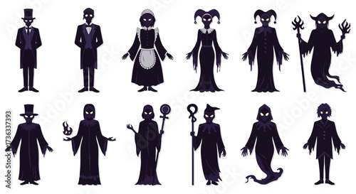 dark fantasy characters silhouette a collection of spooky figures in shadow for halloween designs creating a mysterious eerie gothic atmosphere