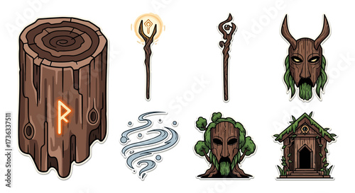 druid altar stickers enchanted forest elements with runestone tree stump magic staves wooden masks wind effect druid house for fantasy illustrations.
