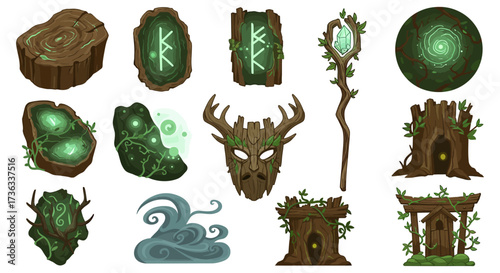 druid forest elements magical wood items with runes staff mask and portals perfect for fantasy game design spell illustration and mystical themes