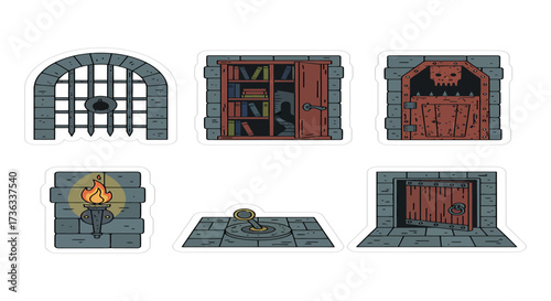 dungeon elements traps doors bookcase and torch perfect for game design and rpg adventures illustrating mystery fantasy escape and quests
