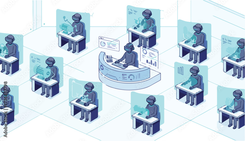 Fototapeta premium Virtual Reality (VR) Training Simulation Vector Illustration. Wide Landscape Trainees Practicing Skills