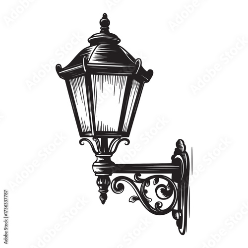 Detailed Black and White Illustration of a Vintage Style Wall Mounted Lantern, Ornamental and Decorative