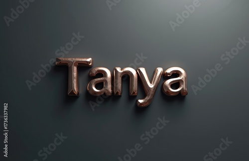 Metallic 3D letters spell Tanya in rose gold. Shiny text floats on dark grey background. Modern typography for name personalization or branding.
