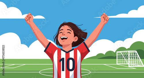 Illustration of celebrating female soccer player in uniform on green field under blue sky art