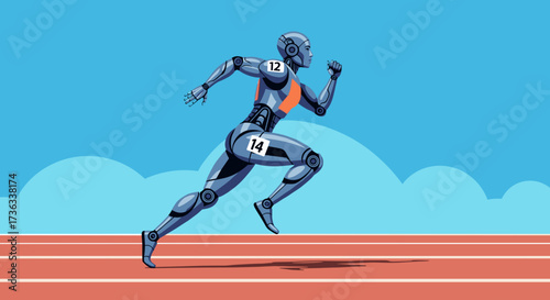 Illustration of a futuristic robot runner athlete sprinting on a track in a sports competition event