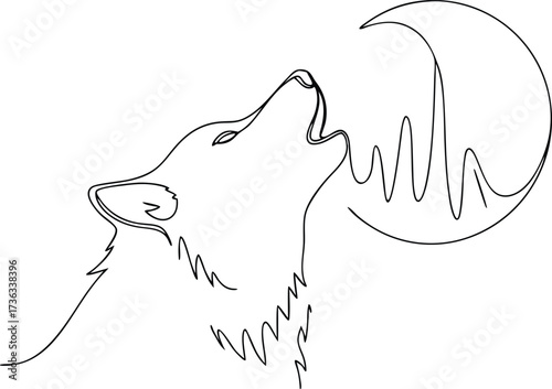 Single line drawing a wolf howling at a crescent moon with sound waves Continous line drawing