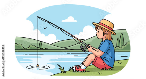 Illustration of a boy fishing by the lake with a fishing rod enjoying outdoor recreation activity hobby