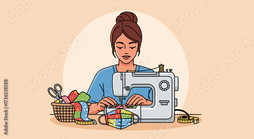 Woman sewing face mask at home diy project using sewing machine and colorful patchwork fabric design