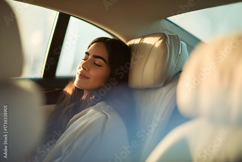 Relaxed woman resting her head on the headrest inside a car with sunlight streaming through window