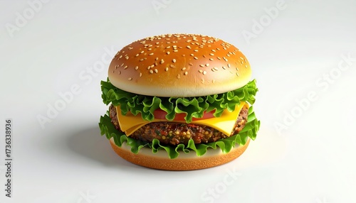 Wallpaper Mural Deliciously appetizing burger, featuring a sesame seed bun, perfectly cooked beef patty, vibrant green lettuce, ripe tomato slice, and melting yellow cheese, presented on a clean white background. Torontodigital.ca