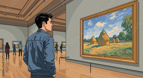 Man viewing impressionist art painting haystacks at art gallery museum exhibition impressionism artwork 100