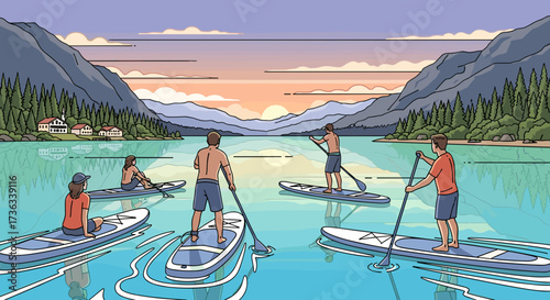 Group paddleboarding adventure on lake surrounded by mountains and forest at sunset for outdoor recreation