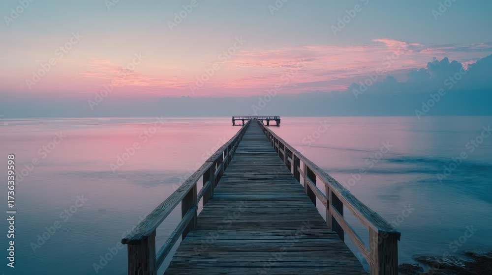 Obraz premium Serene Pier Extends into Pastel Sunset Ocean, Tranquil Waterscape, Atmospheric Calmness.