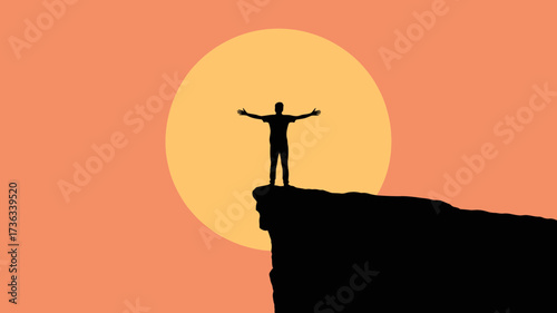 Man silhouette on cliff edge with arms outstretched embracing success against sunset, symbolizing freedom, achievement, and overcoming challenges with inspiration