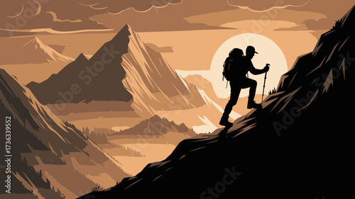 Inspiring mountain climb as hiker journeys toward the sun, reaching new heights and overcoming challenges, suitable for adventure travel promotions