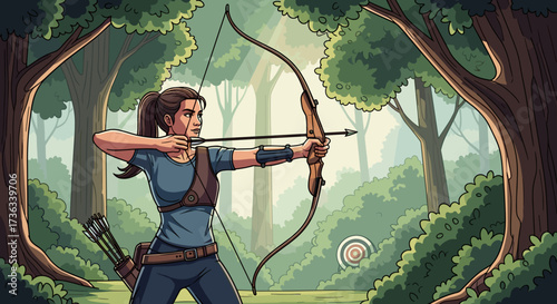 Archery woman aiming bow and arrow at target in forest outdoor recreation skill practice precision shooting sport