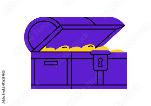 Hand drawn cute illustration of treasure chest with gold. Flat vector ancient pirate box with money sticker doodle. Investment icon. Open crate. Success or wealth. Isolated.