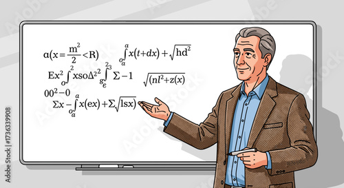 Illustration of mathematics teacher explaining formulas on whiteboard for education and learning resources