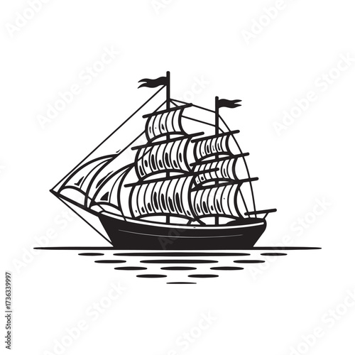 Majestic Tall Ship Sailing on Calm Waters Black and White Illustration of a Classic Vessel at Sea