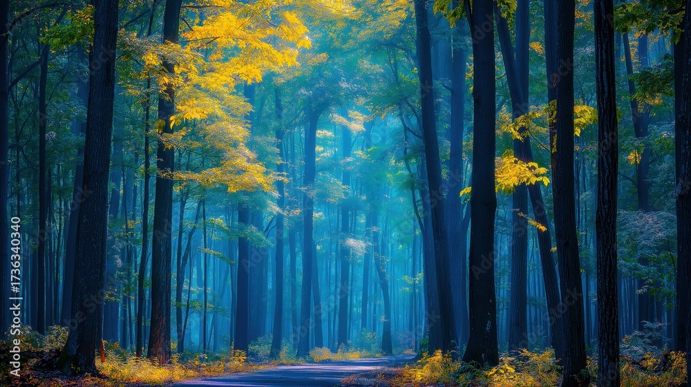Fototapeta premium Fairy tale magic forest, blue yellow color misty path, book illustration concept art