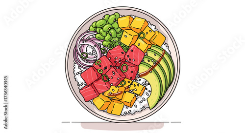 Delicious poke bowl with fresh tuna avocado edamame and mango for healthy eating and balanced diet