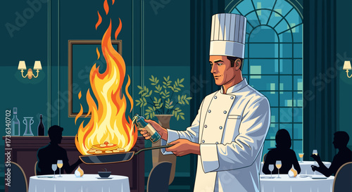 Chef flambéing food in restaurant kitchen professional cooking fire culinary arts fine dining experience one hundred