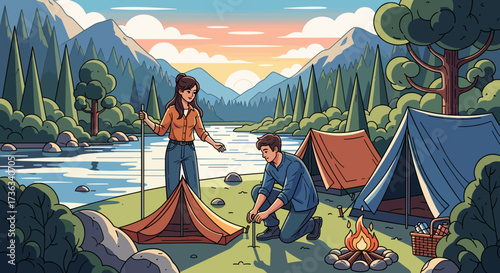 Couple camping in the mountains setting up a tent near a lake with a campfire and beautiful scenery