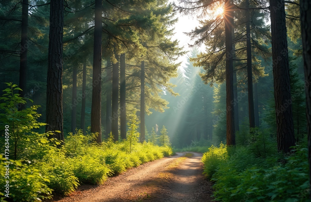 Obraz premium Dirt path winds through tall spruce trees with sunbeams filtering through green foliage. Lush undergrowth lines the trail in a serene forest setting.