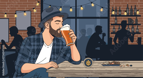 Man enjoying craft beer at a bar illustration with lights and snacks on the table and bar background