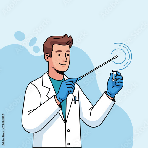 A medical professional holding a swab and vial, pointing to a visual representation.