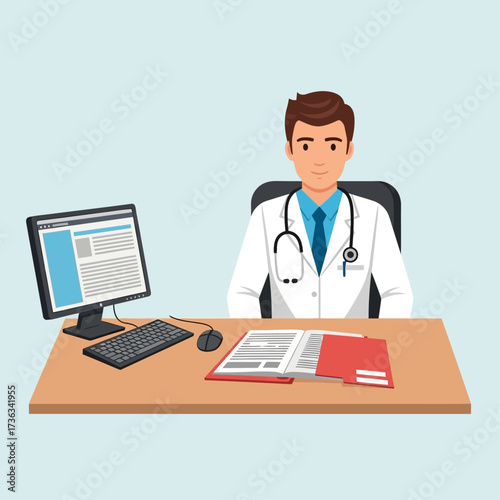 A friendly male doctor in a white lab coat sitting at his office desk with a computer and medical files.