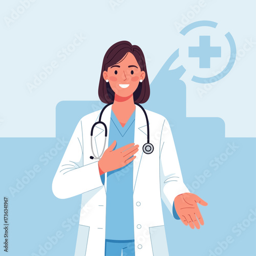 A smiling female doctor in a white coat and stethoscope gestures welcomingly, with a medical cross symbol in the background.