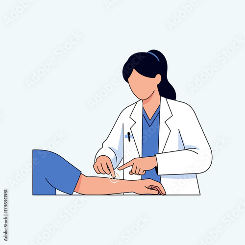 A female doctor in a white lab coat performs a skin test or examination on a patient's forearm, pointing at the reaction sites.
