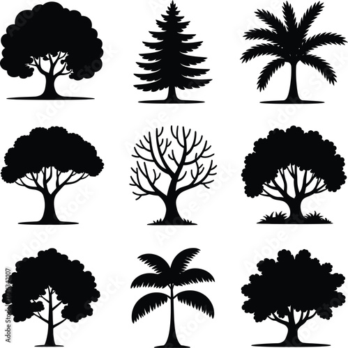 Diverse tree silhouettes vector art nature evergreen