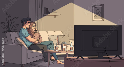 Romantic couple watching tv at home illustration vector design cozy night in with movie and popcorn together 100